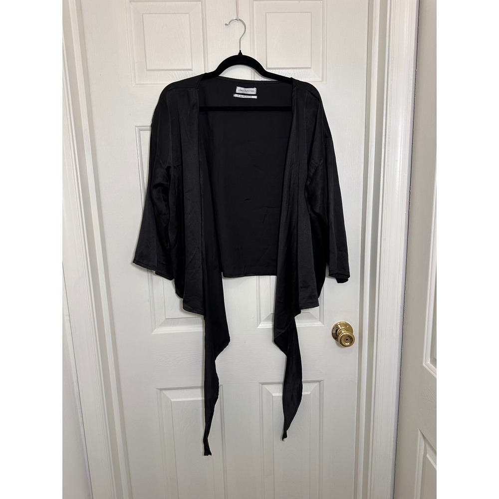 Urban Outfitters Black Satin Tie Front Wrap Top Blouse Wide Sleeve Large